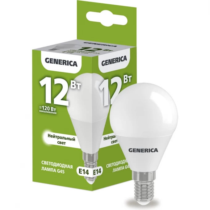 Лампа светодиодная G45 шар 12Вт 230В 4000К E14 GENERICA LL-G45-12-230-40-E14-G Лампа светодиодная G45 шар 12Вт 230В 4000К E14 GENERICA LL-G45-12-230-40-E14-G