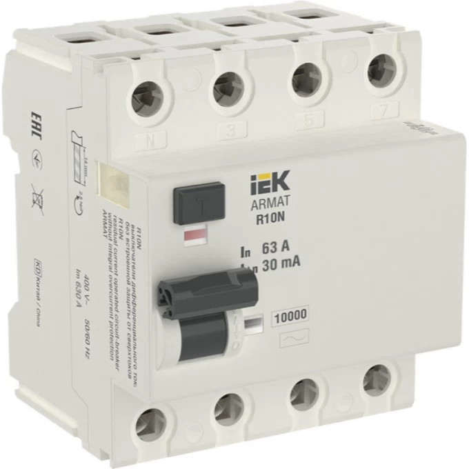 Выключатель дифференциального тока IEK ARMAT R10N 4P 63А 30мА тип AC - AR-R10N-4-063C030 Выключатель дифференциального тока IEK ARMAT R10N 4P 63А 30мА тип AC - AR-R10N-4-063C030