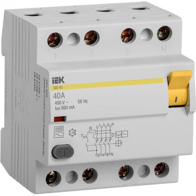 Выключатель дифференциальный (УЗО) IEK ВД1-63 4Р 40А 300мА - MDV10-4-040-300 Выключатель дифференциальный (УЗО) IEK ВД1-63 4Р 40А 300мА - MDV10-4-040-300